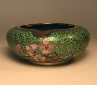 Vintage Chinese Brass Cloisonne Ashtray Blue & Green With Cherry Blossoms