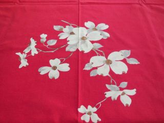 Vintage Wilendur Red Dogwood Flowers Print Tablecloth Tag Cotton 52 " X 64 " Retro