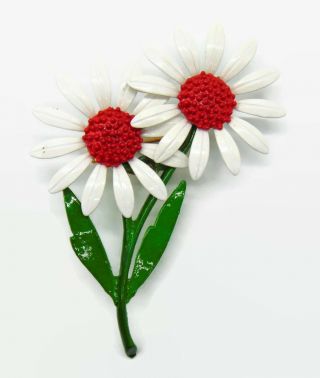 Vtg.  Dubarry Daisy Flower Brooch Pin White W/ Red Center Retro Floral Costume