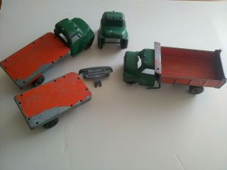 Vintage Toy 8 1/2 " Metal Dump Truck Orange And Green With Extra Parts