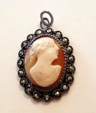 Vintage 925 Sterling Silver Cameo Ivory Color Stone & Marcasite Oval Pendant