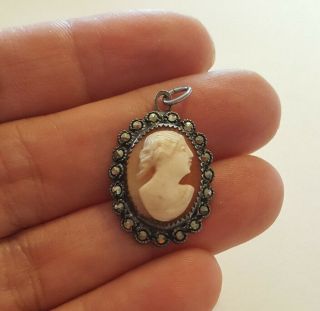 Vintage 925 Sterling Silver Cameo Ivory Color Stone & Marcasite Oval Pendant 2