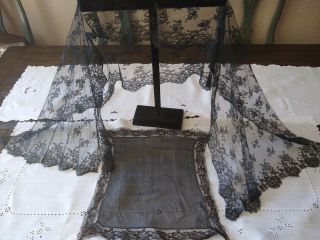 Antique Vtg Black French Chantilly Lace Veil Shawl Wrap &hankie Hankerchief