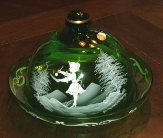 Vintage Mary Gregory Green Glass Domed Covered Butter Cheese Dish