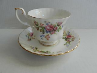 Vintage Royal Albert Moss Rose Cup And Saucer Footed Montrose Shape Gold Gilding
