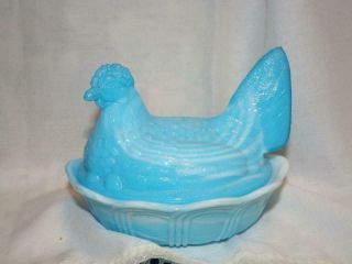 Vintage Fenton Blue Slag/ Marble Glass Hen On Nest - Covered Dish