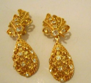 Vtg Jose Barrera For Avon Rhinestone Gold Plated Dangle Convertible Ear Clips