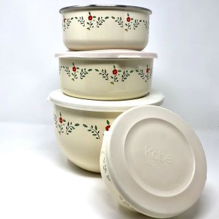 Kobe Vintage Enamel Metal Mixing Bowls W/lids Set Of 4 Round,  Floral Enamelware