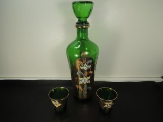 Vintage Venetian Murano Glass Emerald Green 24k Gold Decanter Set