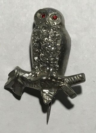 Vintage Pave Rhinestone Red Eyes Owl Pin