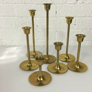 Vintage Set Of 7 Solid Brass Candle Stick Holders Graduating 3 " To 9 " H
