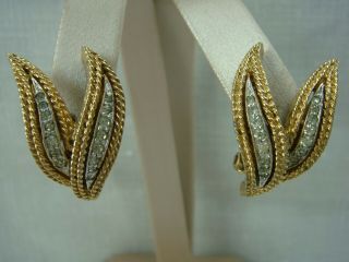 Vintage Panetta Gold Tone Clear Rhinestone Leaf Clip Earrings
