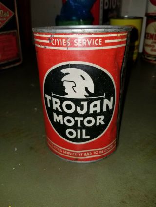 Vintage Nos 1 Qt Trojan Motor Oil Tin Can Auto Gas Service Station Sign