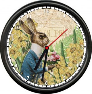 French Bunny Vintage Rabbit Spring Flowers Garden Sunflowers Sign Wall Clock