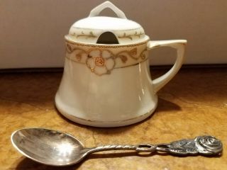Vintage Hand Painted Nippon Covered Sugar Bowl Dish Gold Colored Trim W Spoon
