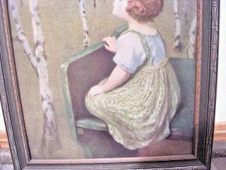 Antique Picture Of A Girl Looking At A Bird Robin In Orig.  Frame 13.  5 