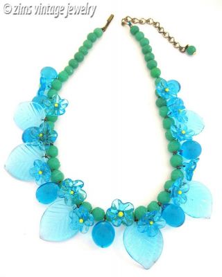 Vintage Italian Venetian Murano Green Aqua Blue Glass Flower Leaf Charm Necklace