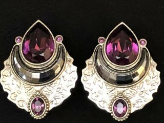 Vintage Silver Tone Purple Glass Rhinestone Clip On Earrings