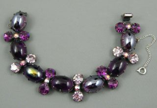 Vintage Signed Regency Purple Glass Cab & Rhinestone Statement Bracelet 7 "