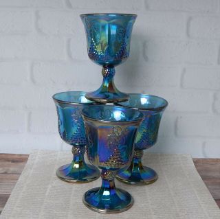 Vintage Blue Carnival Wine Glass Goblet Grape Harvest Iridescent Stemmed Set 4