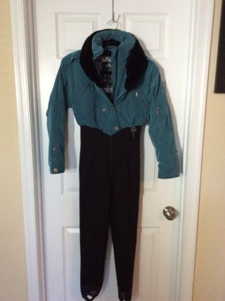 Ladies Vintage Nils Skiwear One Piece Ski Suit Blue/black Size 6p Stirrup Pants