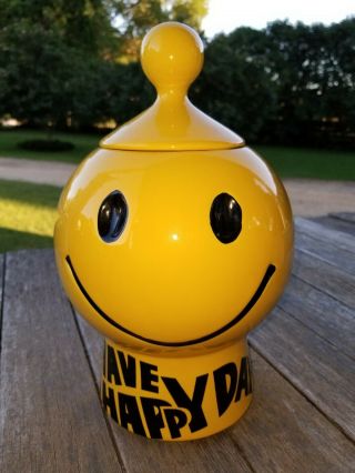 Vintage Mccoy Hippie Smiley Face Have A Happy Day Biscuit Cookie Jar Pottery