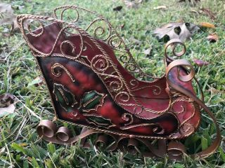 Vintage Christmas Sleigh Metal Red/gold W/holly Green Leaves Tabletop/mantel