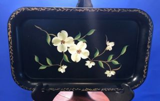 Metal Serving Tray Vintage Hand Painted Black White Floral Dogwood