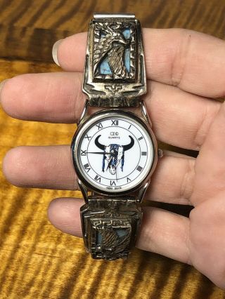 Vtg Mens Native American Navajo Sterling Silver W/ Turquoise Eagles Watch
