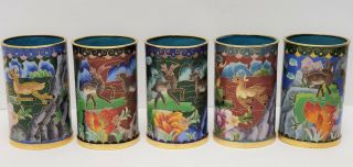 Set 5 Vintage Chinese Cloisonne Wine Cups W Deers & Box