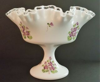 Vtg Fenton White Silvercrest Handpainted Compote Violets In The Snow Candy Dish