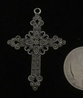 Vtg Sterling Silver Marcasite Cross Pendant Necklace Art Deco Southwestern
