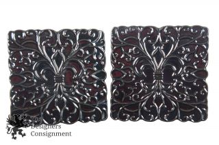 2 Vintage Frankoma Pottery Trivets 3tr Black Fleur De Lis Hot Pad Pair Spanish