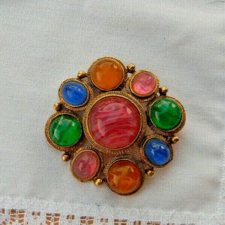 Vintage Signed Weiss Brooch Pin Multi Colored Swirl Glass Stones Unique