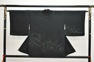 Vintage Silk Kimono Jacket:classic Black/silver Mountain Ranges@ym27