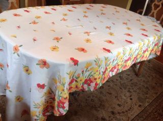 Vintage Mid Century Bright Floral Print Tablecloth Orange Yellow Green Rectangle