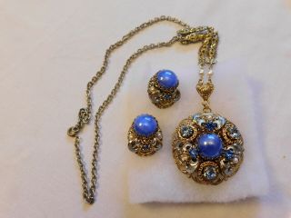 Vintage Necklace And Clip On Earring Set,  West Germany Marked,  Light Blue,
