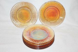 8 Vintage Amber Iridescent 8 " Glass Desert Luncheon Salad Plates - Bl
