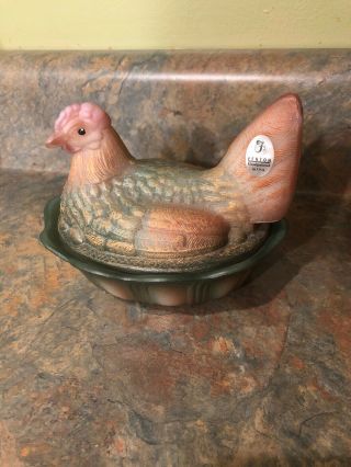 Vintage Fenton Hand Painted Glass Hen On A Nest Artist D.  Wright