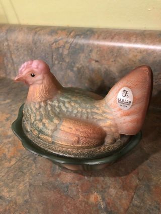 Vintage Fenton Hand Painted Glass Hen On A Nest Artist D.  Wright 2
