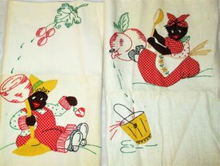 Vintage Black Americana Hand Embroidered Kitchen Tea Towels Appliqued