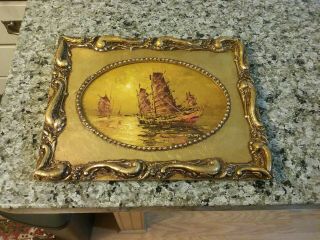 Vintage Chinese Ships Boats,  Nautical Sunset Oil Painting,  Wood Frame,  Abstract
