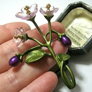 Vintage Style Art Deco Enamelled Real Pearl Violet Flowers Pin Brooch