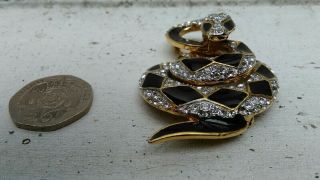 Vintage A & S 1980 Gold Plated Black Enamel Crystal Diamante Snake Pin Brooch