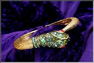 Vtg Kenneth J Lane Kjl Emerald Green Crystal Snake Hinged Bangle Bracelet