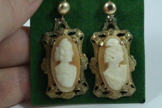 Vintage Art Nouveau Carved Cameo Gold Filled Earrings 2