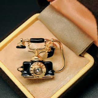 Vintage Style Jewellery Quirky Gold Tone Black Enamel Diamante Telephone Brooch