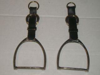 Vintage Pair English Saddle Stirrup Irons Leather Strap Horse Equestrian Brass