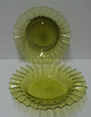 2 Rare Vintage Blenko Art Glass Green Bubble Crimped Ruffle Edge Dish Bowls