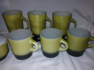 Vintage Fireking Milk Glass Green Black Stackable Coffee 6 Mug Set,  Creamer Usa